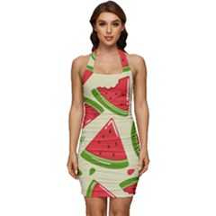 Cute Watermelon Seamless Pattern Sleeveless Wide Square Neckline Ruched Bodycon Dress by Simbadda