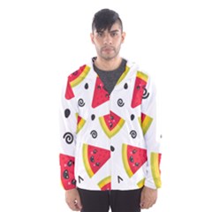 Cute Smiling Watermelon Seamless Pattern White Background Men s Hooded Windbreaker by Simbadda