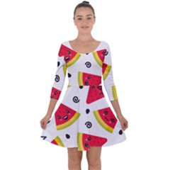 Cute Smiling Watermelon Seamless Pattern White Background Quarter Sleeve Skater Dress by Simbadda