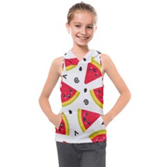 Cute Smiling Watermelon Seamless Pattern White Background Kids  Sleeveless Hoodie by Simbadda