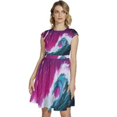 Tsunami Waves Ocean Sea Nautical Nature Water Unique Cap Sleeve High Waist Dress by Simbadda