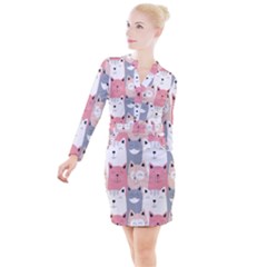 Cute Seamless Pattern With Cats Button Long Sleeve Dress by Simbadda