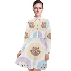 Cute Cat Seamless Pattern Background Long Sleeve Chiffon Shirt Dress by Simbadda