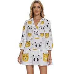 Seamless Pattern Cute Animals V-neck Placket Mini Dress by Simbadda