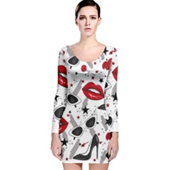 Red Lips Black Heels Pattern Long Sleeve Velvet Bodycon Dress by Simbadda