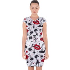 Red Lips Black Heels Pattern Capsleeve Drawstring Dress  by Simbadda