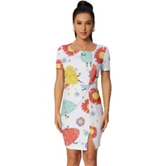 Easter Seamless Pattern With Cute Eggs Flowers Fitted Knot Split End Bodycon Dress by Simbadda