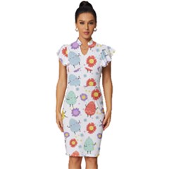 Easter Seamless Pattern With Cute Eggs Flowers Vintage Frill Sleeve V-neck Bodycon Dress by Simbadda