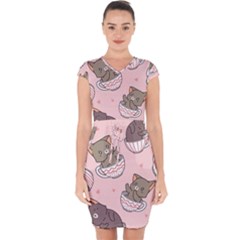 Seamless Pattern Adorable Cat Inside Cup Capsleeve Drawstring Dress  by Simbadda