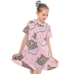 Seamless Pattern Adorable Cat Inside Cup Kids  Short Sleeve Shirt Dress by Simbadda