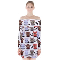 Seamless Pattern With Cute Little Kittens Various Color Long Sleeve Off Shoulder Dress by Simbadda