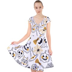 Funny Hand Drawn Halloween Pattern Cap Sleeve Front Wrap Midi Dress by Simbadda