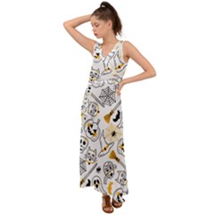 Funny Hand Drawn Halloween Pattern V-neck Chiffon Maxi Dress by Simbadda