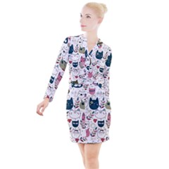 Pattern With Cute Cat Heads Button Long Sleeve Dress by Simbadda