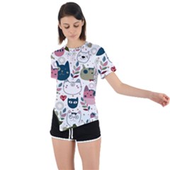 Pattern With Cute Cat Heads Asymmetrical Short Sleeve Sports Tee by Simbadda