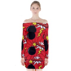 Pop Art Comic Pattern Bomb Boom Explosion Background Long Sleeve Off Shoulder Dress by Simbadda