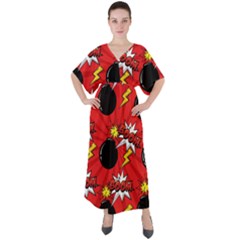 Pop Art Comic Pattern Bomb Boom Explosion Background V-neck Boho Style Maxi Dress by Simbadda