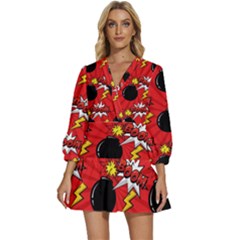 Pop Art Comic Pattern Bomb Boom Explosion Background V-neck Placket Mini Dress by Simbadda