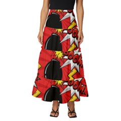 Pop Art Comic Pattern Bomb Boom Explosion Background Tiered Ruffle Maxi Skirt by Simbadda