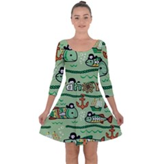 Seamless Pattern Fishes Pirates Cartoon Quarter Sleeve Skater Dress by Simbadda