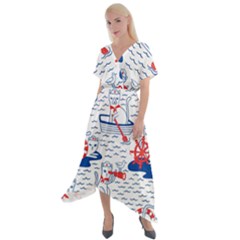 Nautical Cats Seamless Pattern Cross Front Sharkbite Hem Maxi Dress by Simbadda