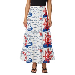 Nautical Cats Seamless Pattern Tiered Ruffle Maxi Skirt by Simbadda