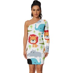 Seamless Pattern Vector With Animals Cartoon Long Sleeve One Shoulder Mini Dress by Simbadda