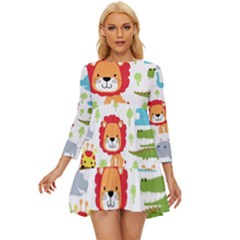 Seamless Pattern Vector With Animals Cartoon Long Sleeve Babydoll Dress by Simbadda