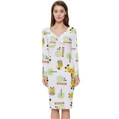 Vector Pattern With Cute Giraffe Cartoon Long Sleeve V-neck Bodycon Dress  by Simbadda