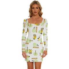 Vector Pattern With Cute Giraffe Cartoon Long Sleeve Square Neck Bodycon Velvet Dress by Simbadda