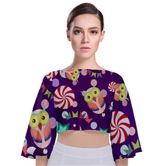 Owl Pattern Background Tie Back Butterfly Sleeve Chiffon Top by Simbadda