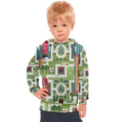 City Seamless Pattern Kids  Hooded Pullover by Simbadda