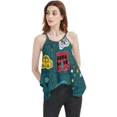 Seamless Pattern Hand Drawn With Vehicles Buildings Road Flowy Camisole Tank Top by Simbadda