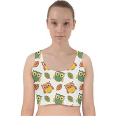 Background-with-owls-leaves-pattern Velvet Racer Back Crop Top by Simbadda