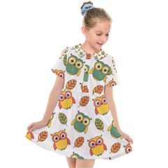 Background-with-owls-leaves-pattern Kids  Short Sleeve Shirt Dress by Simbadda