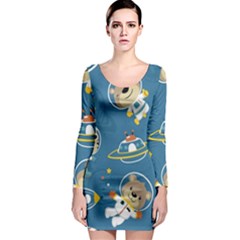 Seamless-pattern-funny-astronaut-outer-space-transportation Long Sleeve Bodycon Dress by Simbadda