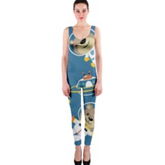 Seamless-pattern-funny-astronaut-outer-space-transportation One Piece Catsuit by Simbadda