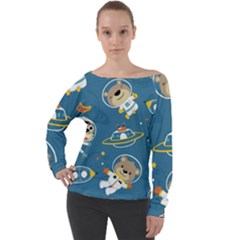 Seamless-pattern-funny-astronaut-outer-space-transportation Off Shoulder Long Sleeve Velour Top by Simbadda