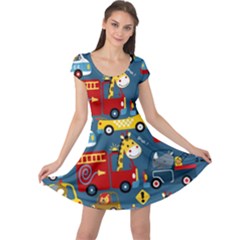 Seamless Pattern Vehicles Cartoon With Funny Drivers Cap Sleeve Dress by Simbadda