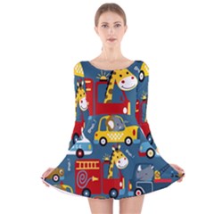 Seamless Pattern Vehicles Cartoon With Funny Drivers Long Sleeve Velvet Skater Dress by Simbadda