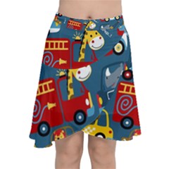 Seamless Pattern Vehicles Cartoon With Funny Drivers Chiffon Wrap Front Skirt by Simbadda