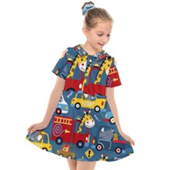 Seamless Pattern Vehicles Cartoon With Funny Drivers Kids  Short Sleeve Shirt Dress by Simbadda