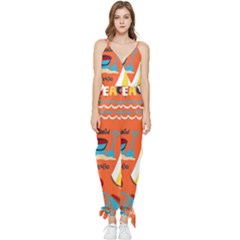 Seamless Pattern Vector Beach Holiday Theme Set Sleeveless Tie Ankle Chiffon Jumpsuit by Simbadda