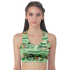 Seamless Pattern Fishes Pirates Cartoon Fitness Sports Bra by Simbadda