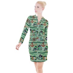 Seamless Pattern Fishes Pirates Cartoon Button Long Sleeve Dress by Simbadda