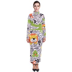 Seamless Pattern With Wildlife Cartoon Turtleneck Maxi Dress by Simbadda