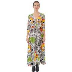 Seamless Pattern With Wildlife Cartoon Button Up Boho Maxi Dress by Simbadda