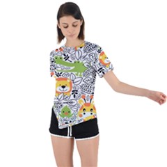 Seamless Pattern With Wildlife Cartoon Asymmetrical Short Sleeve Sports Tee by Simbadda