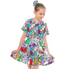 Graffiti Characters Seamless Pattern Kids  Short Sleeve Shirt Dress by Simbadda