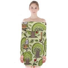 Seamless Pattern With Trees Owls Long Sleeve Off Shoulder Dress by Simbadda